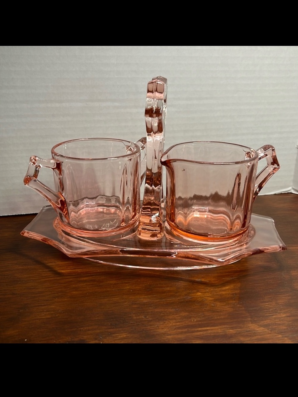 Cambridge #622 Decagon Pink Depression Glass Sugar Creamer Handled Tray 1930s
